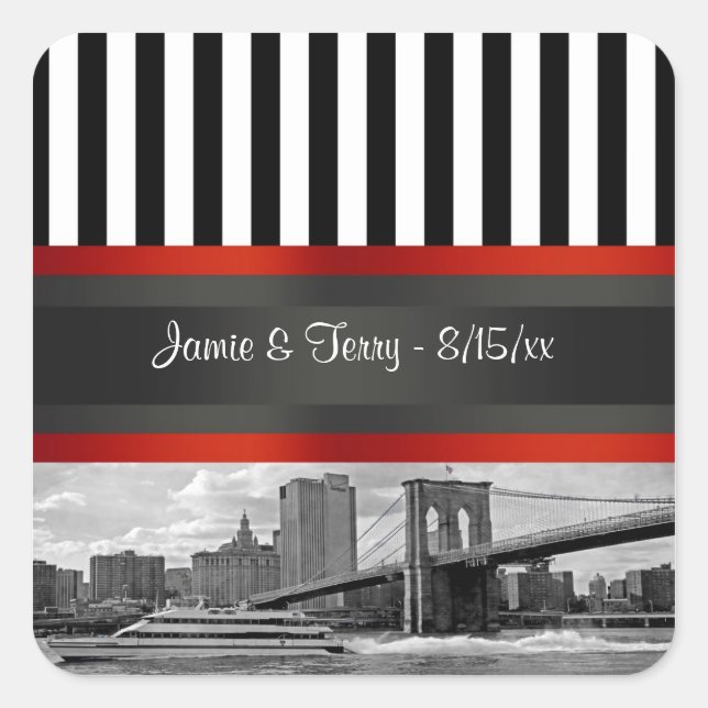 NYC Skyline Brooklyn Bridge Boat Invitation Suite Square Sticker (Front)