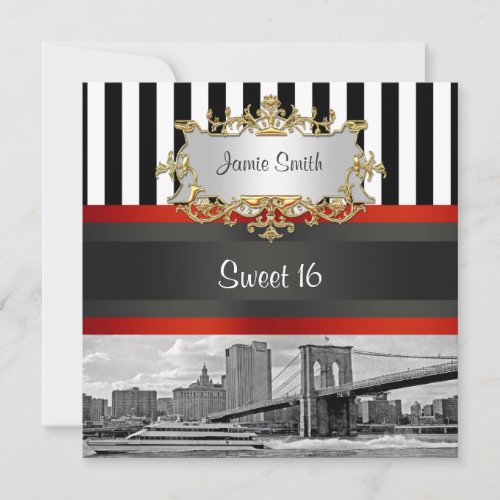 NYC Skyline Brooklyn Bridge, Boat Sweet 16 Invite