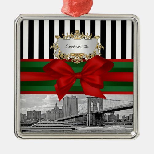 NYC Skyline Brooklyn Bridge Xmas Blk Wht Strp 2 Metal Ornament