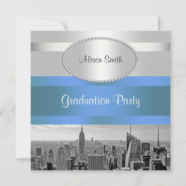 NYC Skyline BW 05 White Blue 2 Graduation Invite (Front)