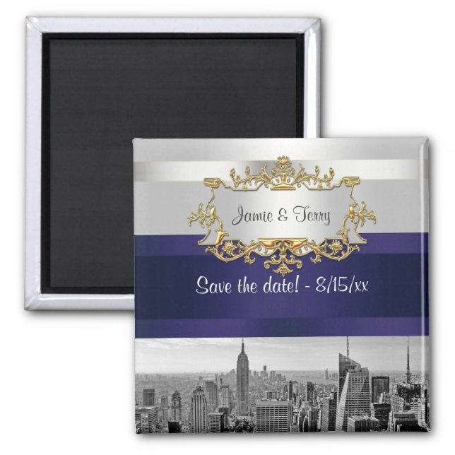 NYC Skyline BW 05 White Navy Blue Save the Date Magnet (Front)