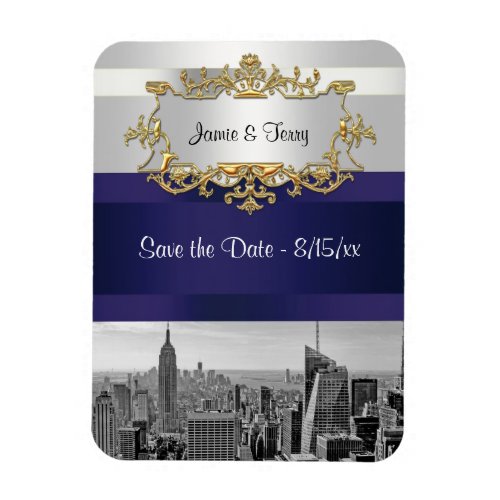 NYC Skyline BW 05 White Navy Blue Save the Date Magnet