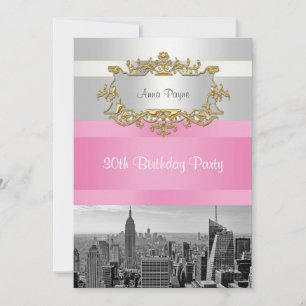 NYC Skyline BW 05 White, Pink Birthday Invite