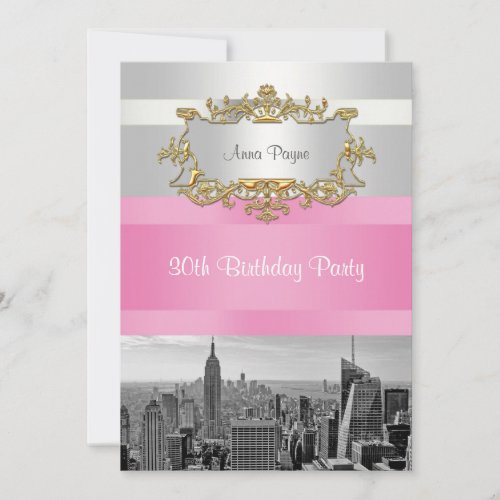 NYC Skyline BW 05 White Pink Birthday Invite