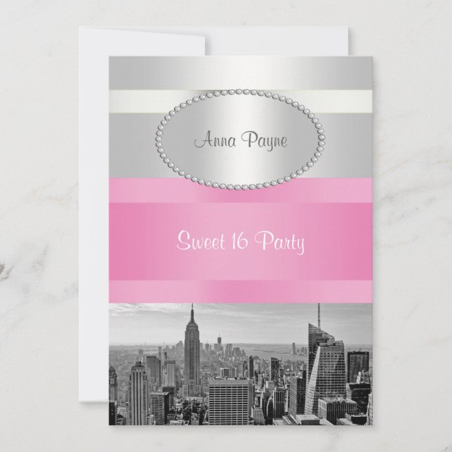 NYC Skyline BW 05 White, Pink Sweet 16 Party Invitation (Front)