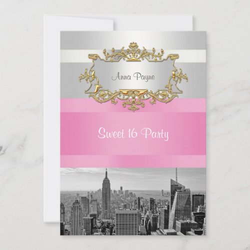 NYC Skyline BW 05 White Pink Sweet 16 Party Invitation