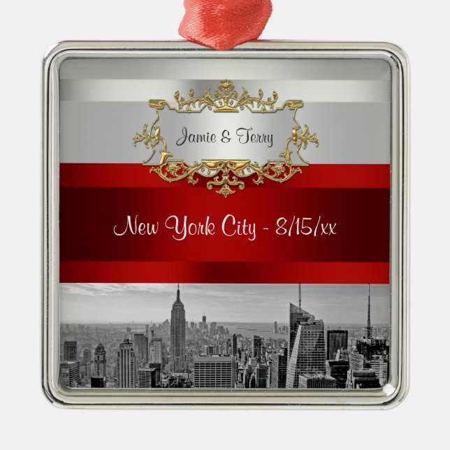 NYC Skyline BW 05 White Red Invite Suite Metal Ornament (Front)