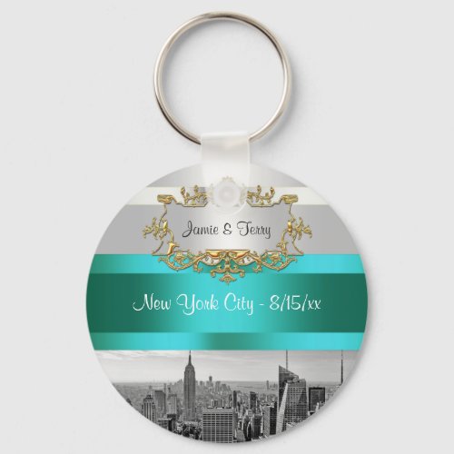 NYC Skyline BW 05 White Teal Invite Suite Keychain