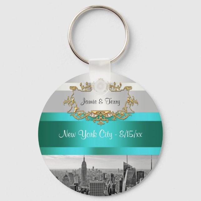 NYC Skyline BW 05 White Teal Invite Suite Keychain (Front)