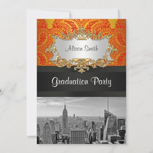 NYC Skyline Bw 111 Red Gold Paisley Graduation Pty Invitation