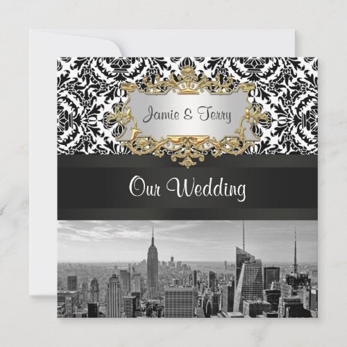 NYC Skyline BW 431 Damask Wedding Invitation