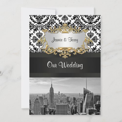 NYC Skyline BW 431 Damask Wedding Invitation V