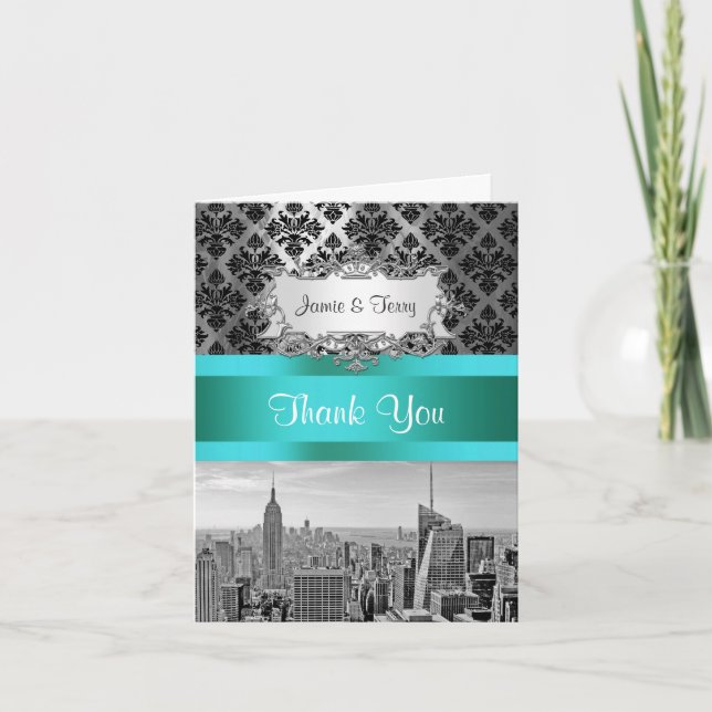 NYC Skyline Bw B3 Damask F2 Thank You Note (Front)
