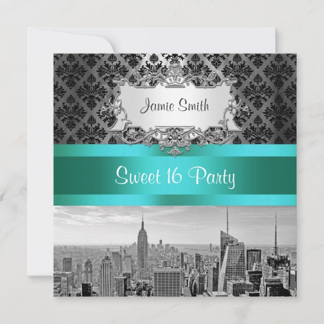 NYC Skyline BW B3 Damask - Sweet 16 Party Invite (Front)