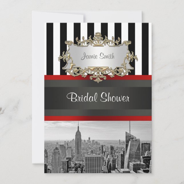 NYC Skyline BW Black White Stripe 2 Bridal Shower Invitation (Front)