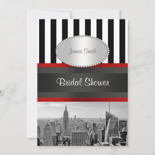 NYC Skyline BW Black White Stripe 2P Bridal Shower Custom Invitation