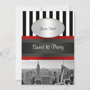 NYC Skyline BW Black White Stripe 2P Sweet 16 Invitation