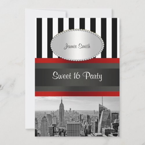 NYC Skyline BW Black White Stripe 2P Sweet 16 Personalized Invitation