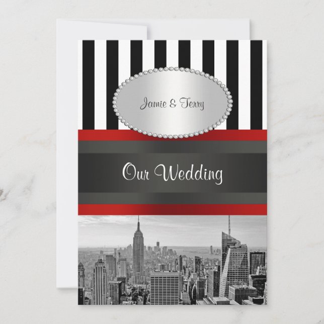 NYC Skyline BW Black White Stripe 2P Wedding Invitation (Front)