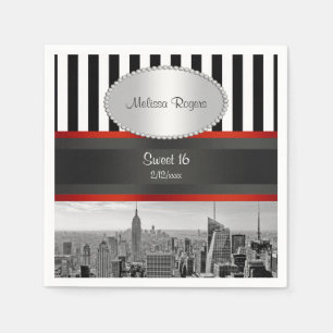 NYC Skyline BW Black White Stripe P Sweet 16 Napkins