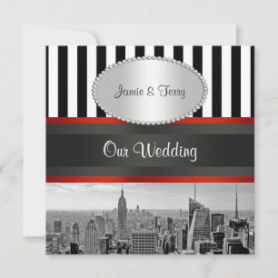 NYC Skyline BW Black White Stripe P Wedding Invite