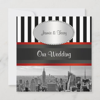NYC Skyline BW Black White Stripe P Wedding Invite
