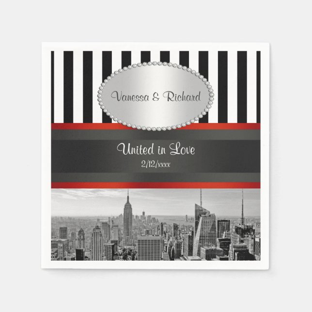 NYC Skyline BW Black White Stripe P Wedding Paper Napkins (Front)