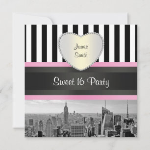 NYC Skyline BW Blk Wht Strp Pink H Sweet 16 Party Invitation