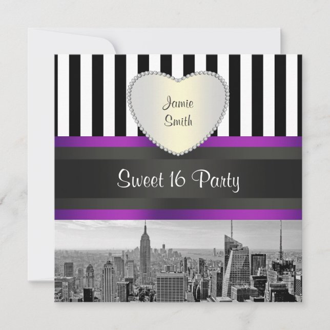 NYC Skyline BW Blk Wht Strp Purpl H Sweet 16 Party Invitation (Front)