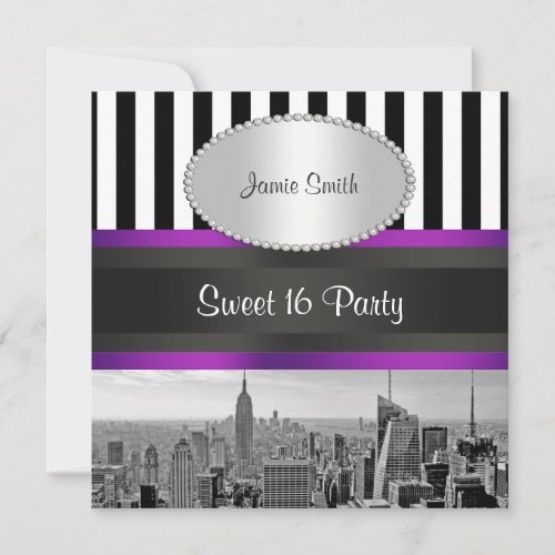 NYC Skyline BW Blk Wht Strp Purpl P Sweet 16 Party Invitations
