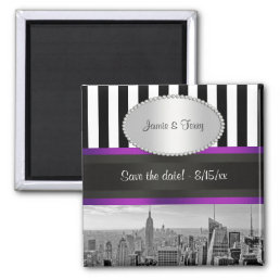 NYC Skyline BW Blk Wht Strp Purple P Save Date Magnet