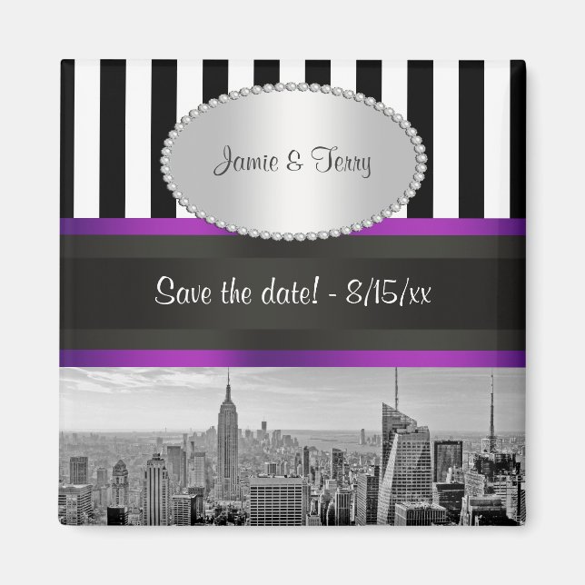 NYC Skyline BW Blk Wht Strp Purple P Save Date Magnet (Front)