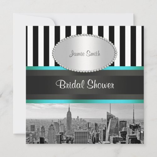 NYC Skyline BW Blk Wht Strp Teal P Bridal Shower Custom Invite