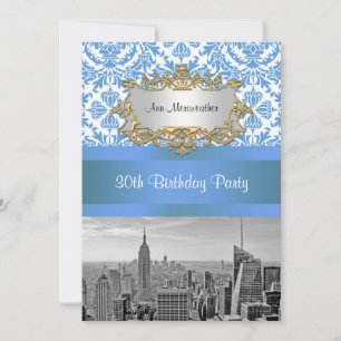 NYC Skyline BW D4 Damask Birthday Party V Invitation