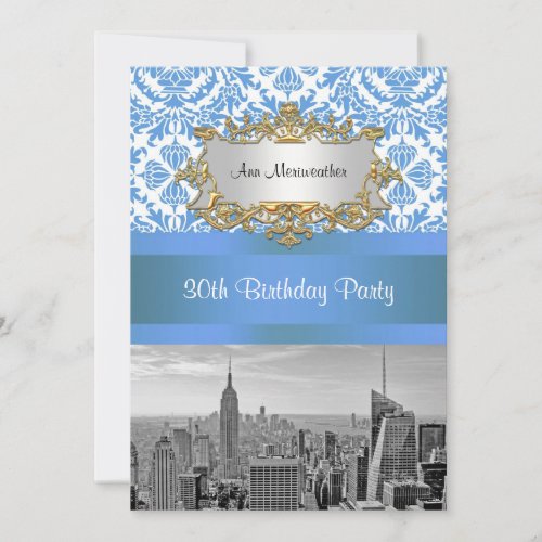 NYC Skyline BW D4 Damask Birthday Party V Invitations