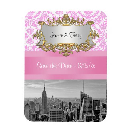NYC Skyline BW D4P Pink Damask Save the Date Magnet