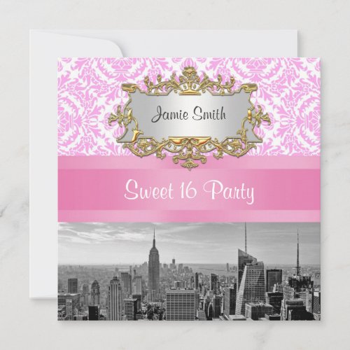 NYC Skyline BW D4P Pink Damask Sweet 16 Party Custom Invitations