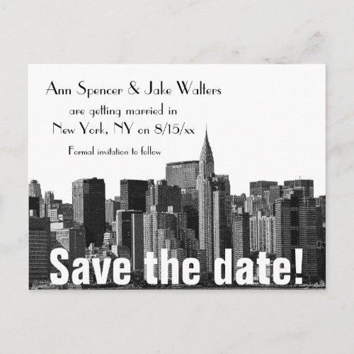 NYC Skyline Chrys Met Life Etched G Save the Date Announcement Postcard