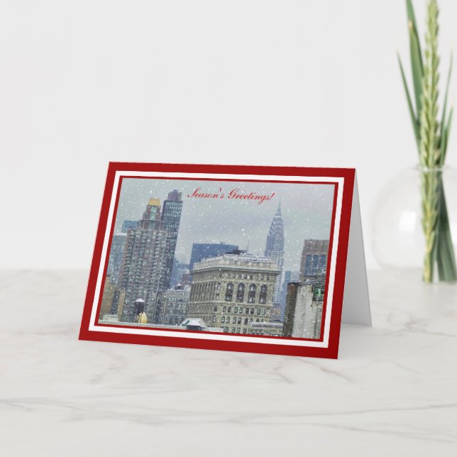 NYC Skyline Chrysler Bldg, Flatiron Snow Christmas Holiday Card (Front)