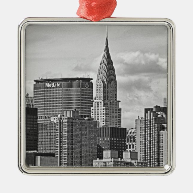 NYC Skyline: Chrysler Building, Met Life BW Metal Ornament (Front)