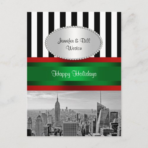 NYC Skyline ESB BW Blk Wht Strp P Christmas Holiday Postcard