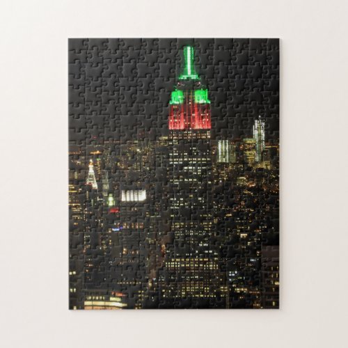 NYC Skyline ESB Christmas Colors at night 01 Jigsaw Puzzle