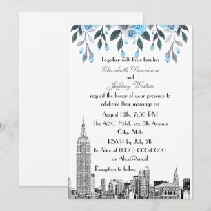 NYC Skyline ESB Etch Blue Gray Floral Wedding Invitation