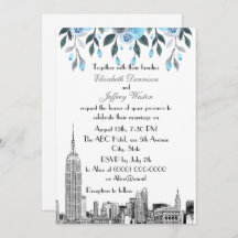 NYC Skyline ESB Etch Blue Gray Floral Wedding