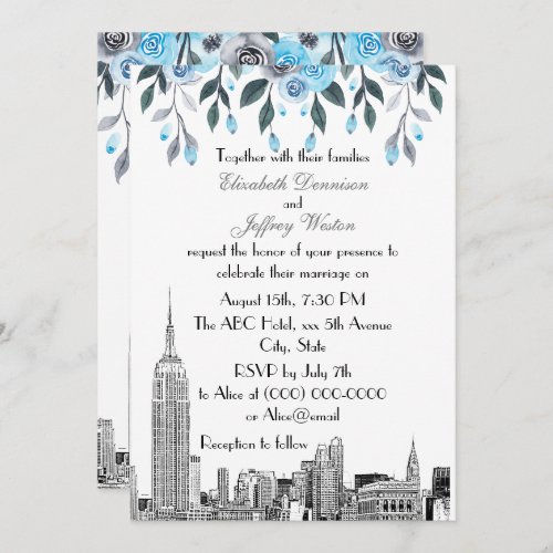 NYC Skyline ESB Etch Blue Gray Floral Wedding Invitation