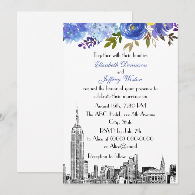 NYC Skyline ESB Etch Blue Yellow Floral Wedding Invitation (Front/Back)