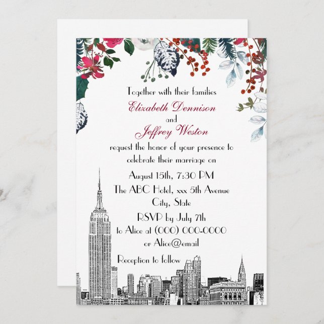 NYC Skyline ESB Etch Burg Blu Green Floral Wedding Invitation (Front/Back)