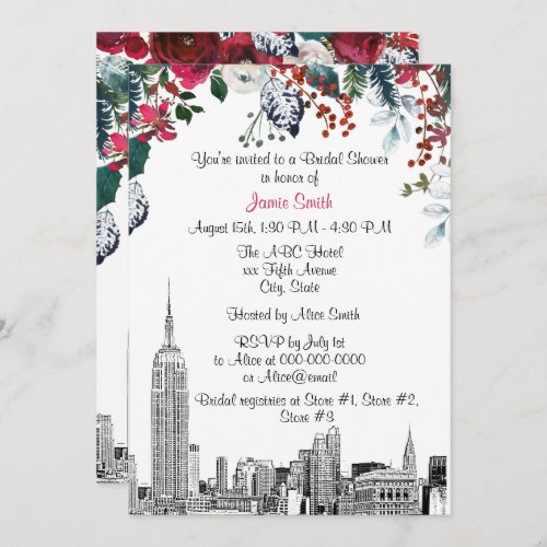 NYC Skyline ESB Etch Burg Grn Floral Bridal Shower Invitation