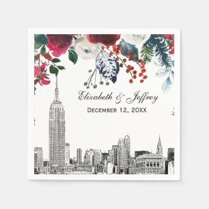 NYC Skyline ESB Etch Burgundy Grn Floral Watercolr Napkins