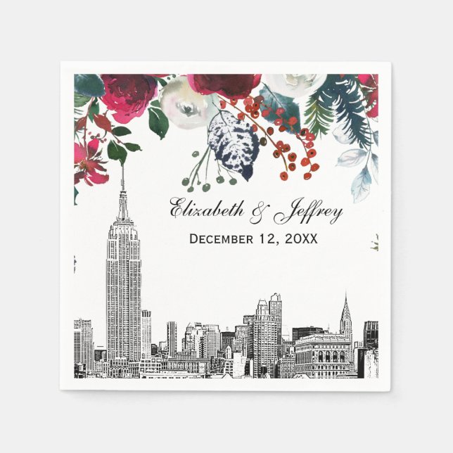 NYC Skyline ESB Etch Burgundy Grn Floral Watercolr Napkins (Front)
